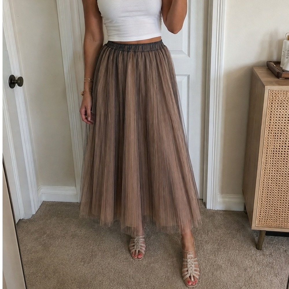 Downeast Ombre Pleated Mesh Midi Skirt Blue Taupe Elastic Waist Womens Medium